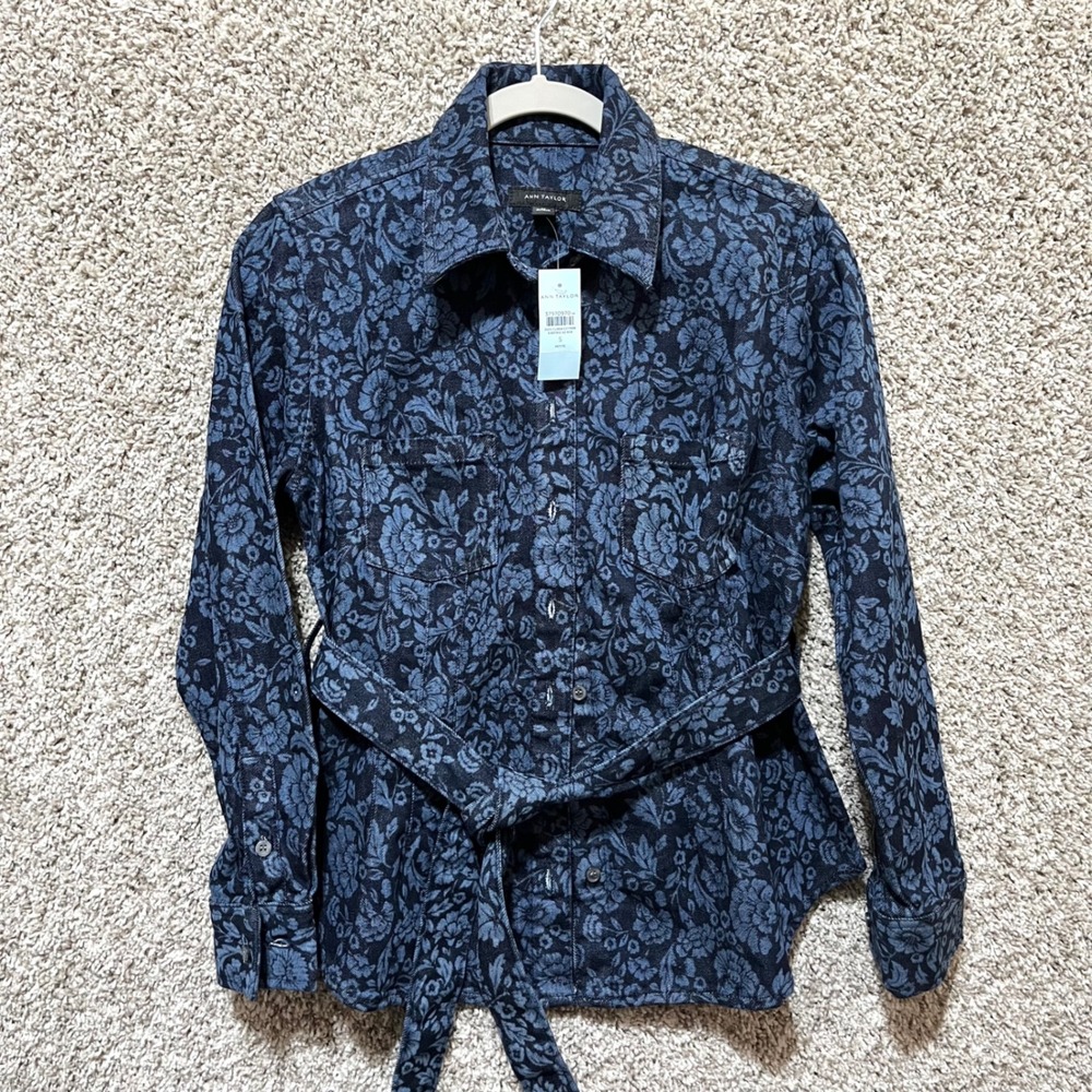 Ann Taylor Shirt Women's SP Blue Floral Flared Denim Long Sleeve Button Up NWT